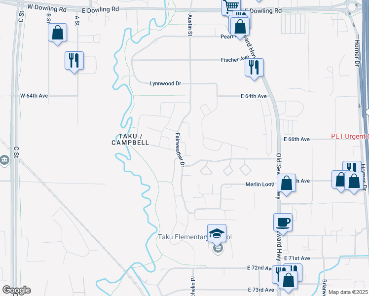 map of restaurants, bars, coffee shops, grocery stores, and more near 6605 Fairweather Drive in Anchorage