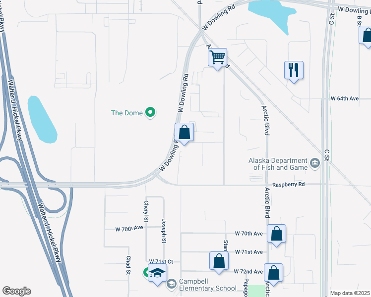 map of restaurants, bars, coffee shops, grocery stores, and more near 1099 W 66th Ct in Anchorage