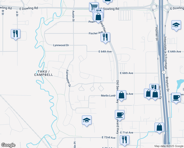 map of restaurants, bars, coffee shops, grocery stores, and more near 6641 Hampstead Drive in Anchorage