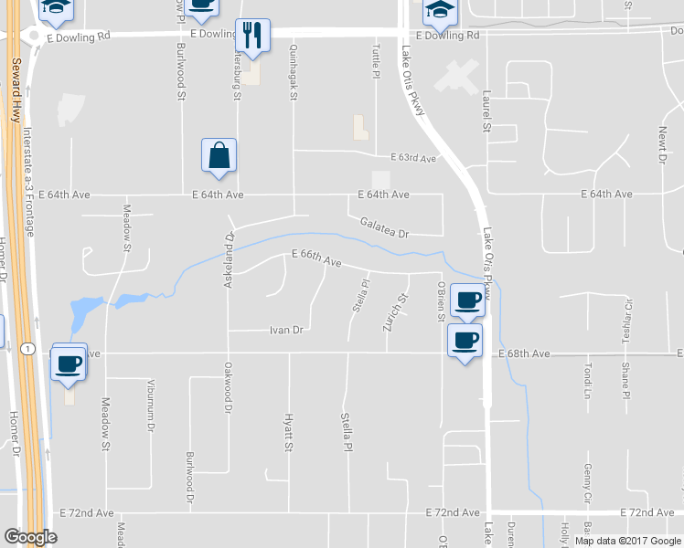 map of restaurants, bars, coffee shops, grocery stores, and more near 2210 E 66th Ave in Anchorage