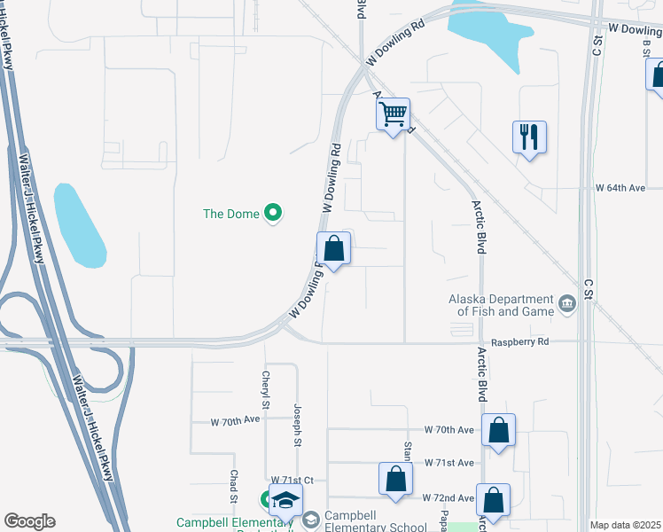 map of restaurants, bars, coffee shops, grocery stores, and more near 1099 W 66th Ct in Anchorage