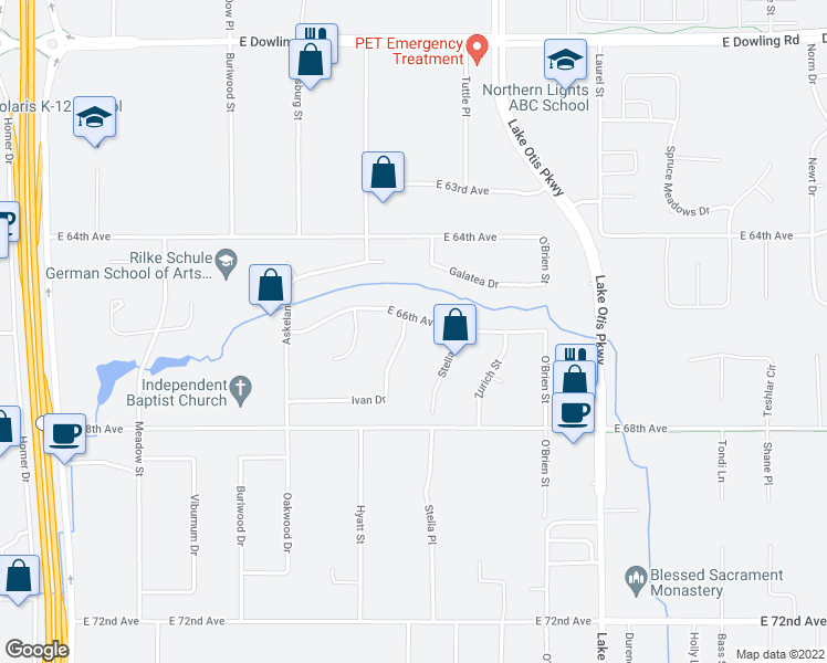 map of restaurants, bars, coffee shops, grocery stores, and more near 2210 East 66th Avenue in Anchorage