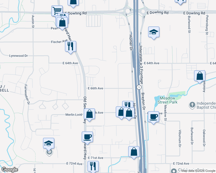 map of restaurants, bars, coffee shops, grocery stores, and more near 6543 Rosewood Street in Anchorage