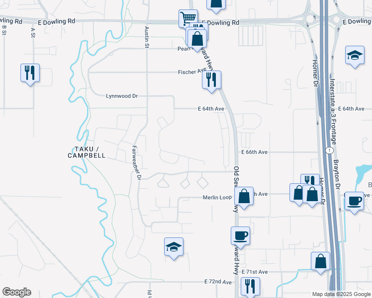 map of restaurants, bars, coffee shops, grocery stores, and more near 6641 Hampstead Drive in Anchorage