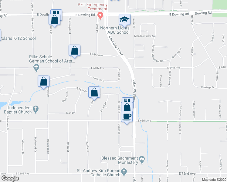 map of restaurants, bars, coffee shops, grocery stores, and more near 2411 East 66th Avenue in Anchorage
