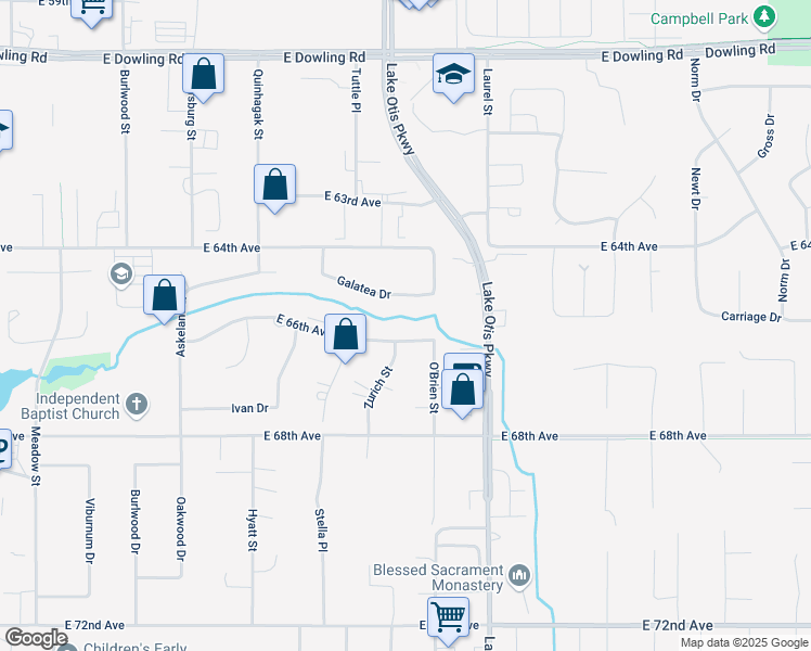 map of restaurants, bars, coffee shops, grocery stores, and more near 6600 Zurich Street in Anchorage