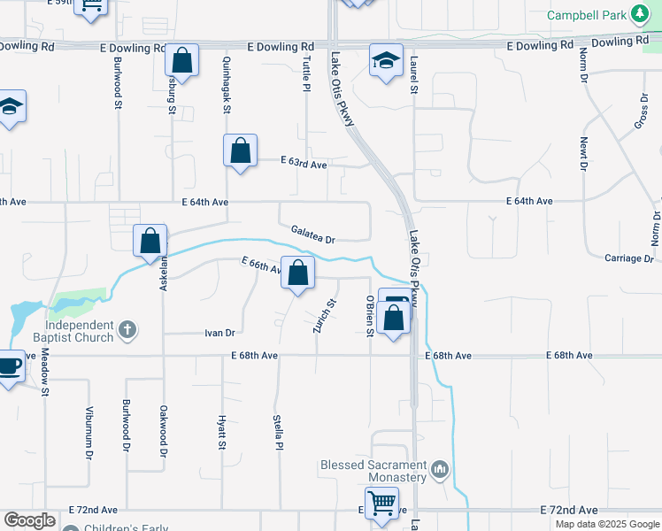 map of restaurants, bars, coffee shops, grocery stores, and more near 6600 Zurich Street in Anchorage