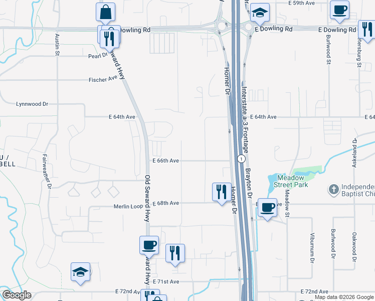 map of restaurants, bars, coffee shops, grocery stores, and more near 6543 Rosewood Street in Anchorage