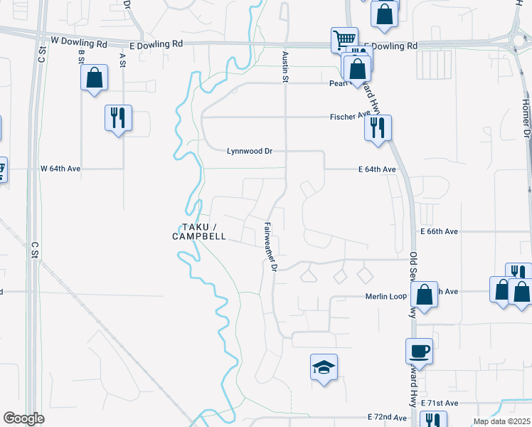 map of restaurants, bars, coffee shops, grocery stores, and more near 6605 Fairweather Drive in Anchorage
