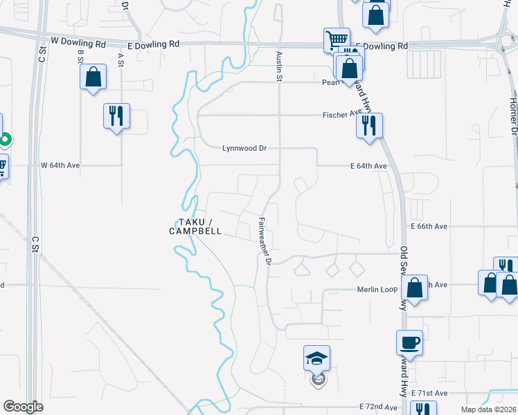 map of restaurants, bars, coffee shops, grocery stores, and more near 6605 Fairweather Drive in Anchorage