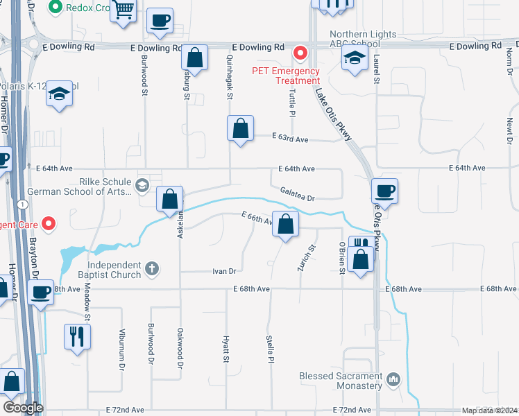 map of restaurants, bars, coffee shops, grocery stores, and more near 2210 East 66th Avenue in Anchorage