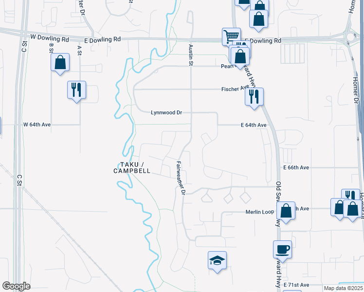 map of restaurants, bars, coffee shops, grocery stores, and more near 6260 Fairweather Place in Anchorage