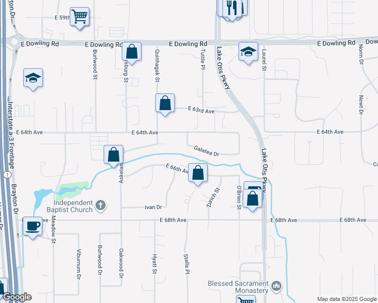 map of restaurants, bars, coffee shops, grocery stores, and more near 2210 Galatea Drive in Anchorage