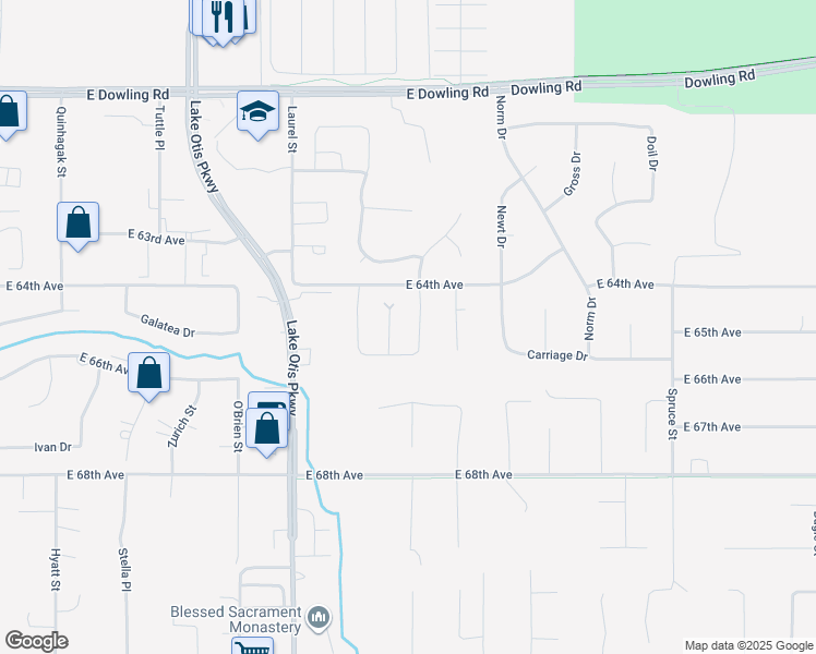 map of restaurants, bars, coffee shops, grocery stores, and more near 6676 Desiree Loop in Anchorage