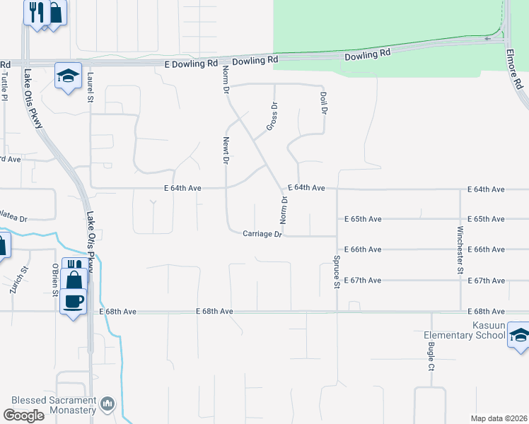 map of restaurants, bars, coffee shops, grocery stores, and more near 6420 Norm Drive in Anchorage