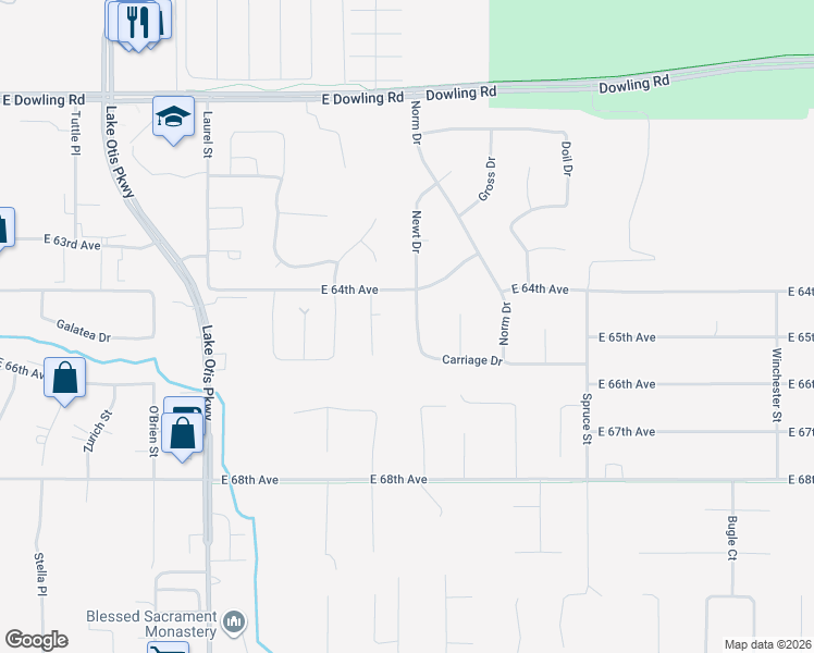 map of restaurants, bars, coffee shops, grocery stores, and more near 2912 Carriage Drive in Anchorage