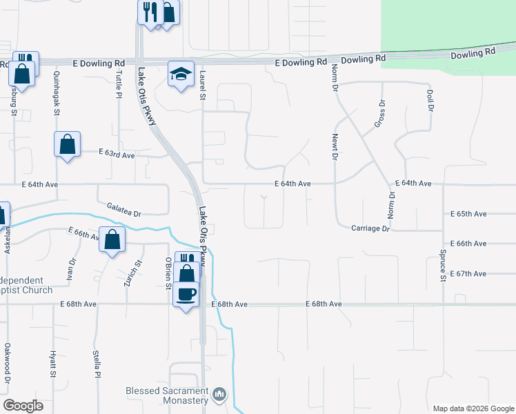 map of restaurants, bars, coffee shops, grocery stores, and more near 6407 Pequod Circle in Anchorage