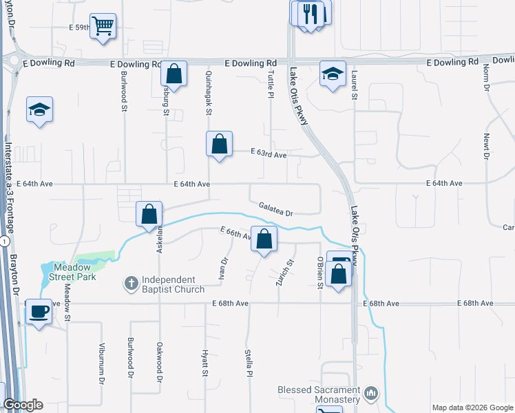 map of restaurants, bars, coffee shops, grocery stores, and more near 2210 Galatea Drive in Anchorage
