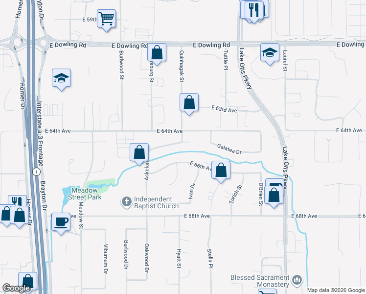 map of restaurants, bars, coffee shops, grocery stores, and more near 6410 Askeland Drive in Anchorage