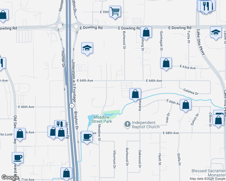 map of restaurants, bars, coffee shops, grocery stores, and more near 1721 Flatwater Circle in Anchorage