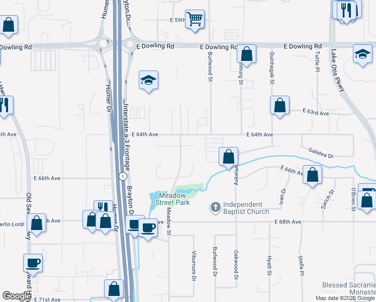 map of restaurants, bars, coffee shops, grocery stores, and more near 1721 Flatwater Circle in Anchorage