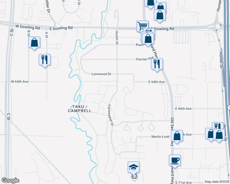map of restaurants, bars, coffee shops, grocery stores, and more near 6260 Fairweather Place in Anchorage