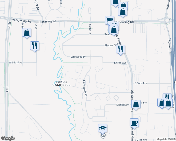 map of restaurants, bars, coffee shops, grocery stores, and more near 6260 Fairweather Place in Anchorage