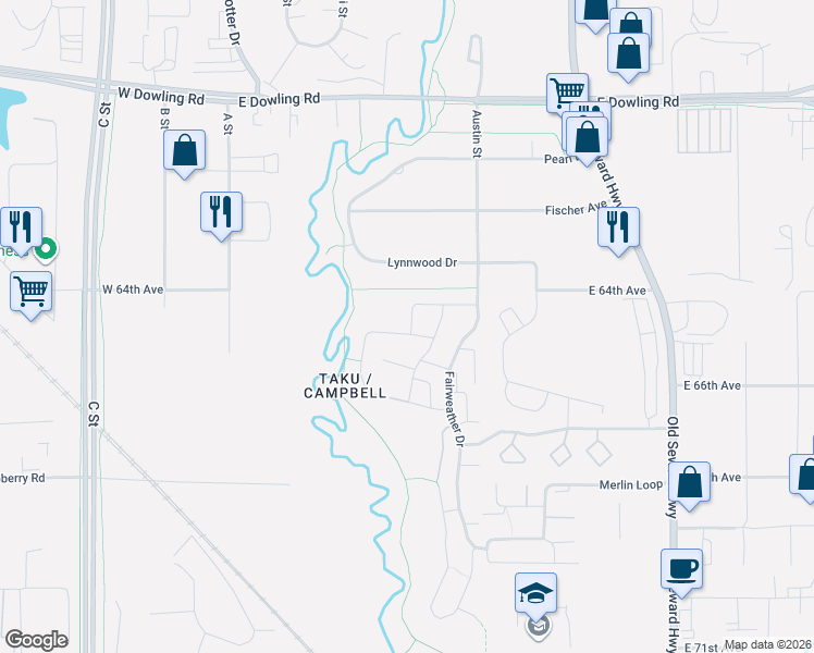 map of restaurants, bars, coffee shops, grocery stores, and more near 6268 Fairweather Drive in Anchorage