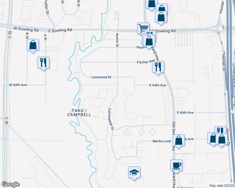 map of restaurants, bars, coffee shops, grocery stores, and more near 6374 Fairweather Drive in Anchorage