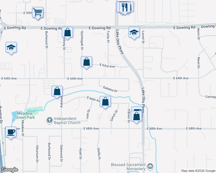map of restaurants, bars, coffee shops, grocery stores, and more near 2310 East 64th Avenue in Anchorage