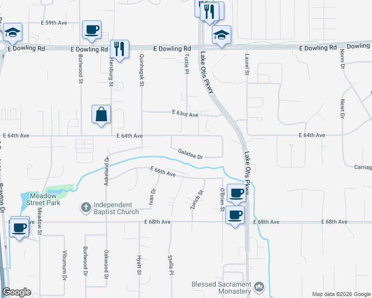 map of restaurants, bars, coffee shops, grocery stores, and more near 2310 East 64th Avenue in Anchorage