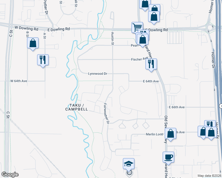 map of restaurants, bars, coffee shops, grocery stores, and more near 6260 Fairweather Place in Anchorage