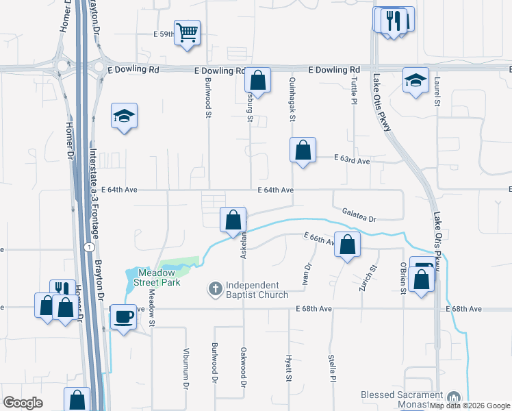 map of restaurants, bars, coffee shops, grocery stores, and more near 6500 Askeland Drive in Anchorage