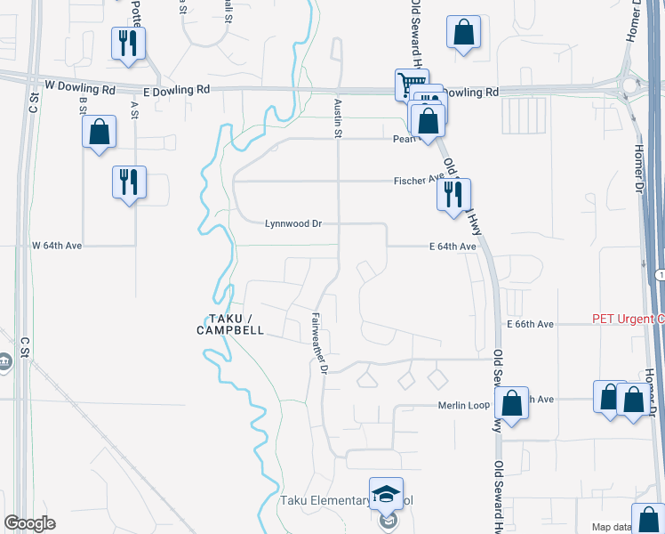 map of restaurants, bars, coffee shops, grocery stores, and more near 6260 Fairweather Place in Anchorage