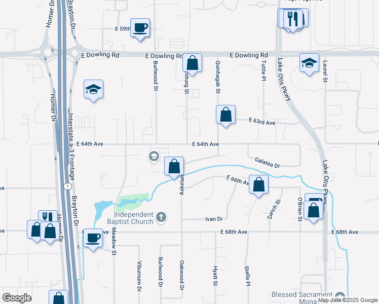 map of restaurants, bars, coffee shops, grocery stores, and more near 6500 Askeland Drive in Anchorage