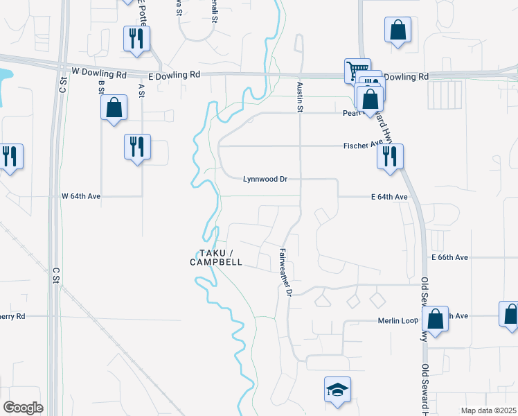 map of restaurants, bars, coffee shops, grocery stores, and more near 6284 Fairweather Drive in Anchorage