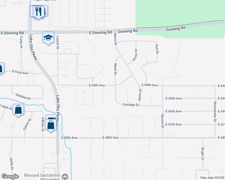 map of restaurants, bars, coffee shops, grocery stores, and more near 2912 Carriage Drive in Anchorage