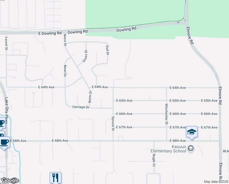 map of restaurants, bars, coffee shops, grocery stores, and more near 3410 East 64th Avenue in Anchorage