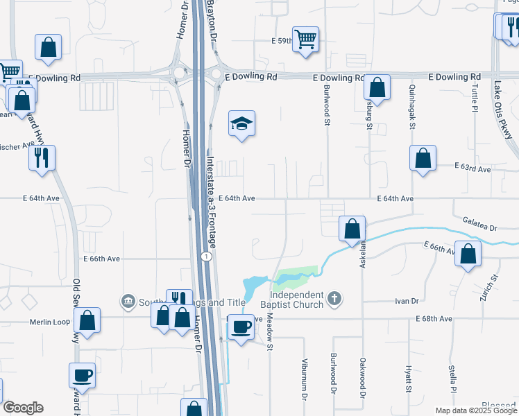 map of restaurants, bars, coffee shops, grocery stores, and more near 1531 Waterwood Circle in Anchorage