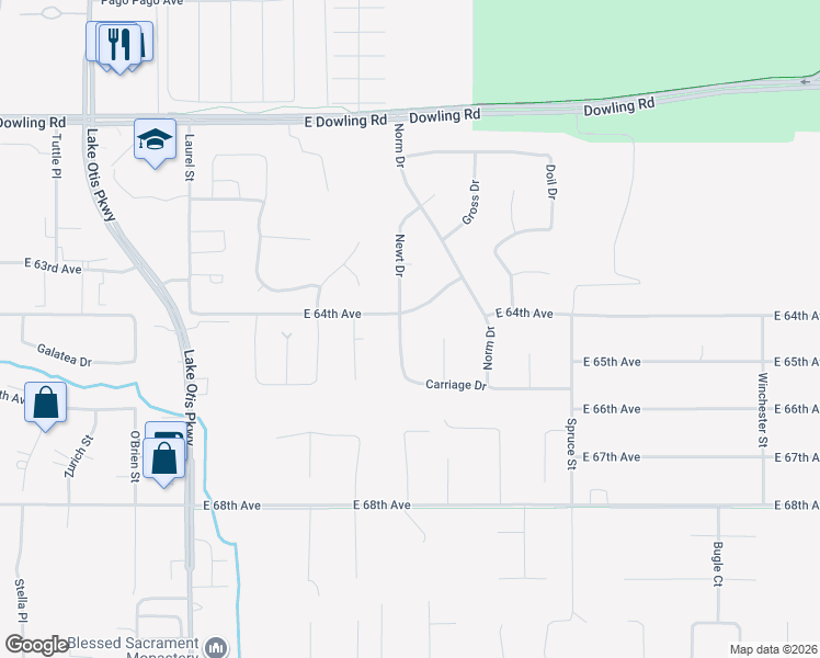 map of restaurants, bars, coffee shops, grocery stores, and more near 2911 Carriage Drive in Anchorage