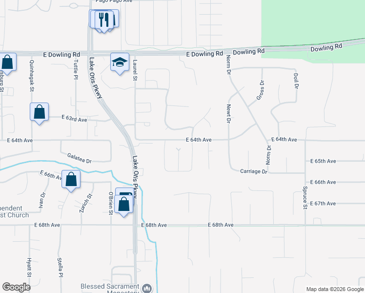 map of restaurants, bars, coffee shops, grocery stores, and more near 6407 Pequod Circle in Anchorage