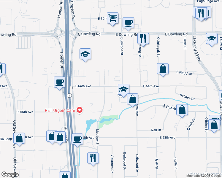 map of restaurants, bars, coffee shops, grocery stores, and more near 1721 Flatwater Circle in Anchorage