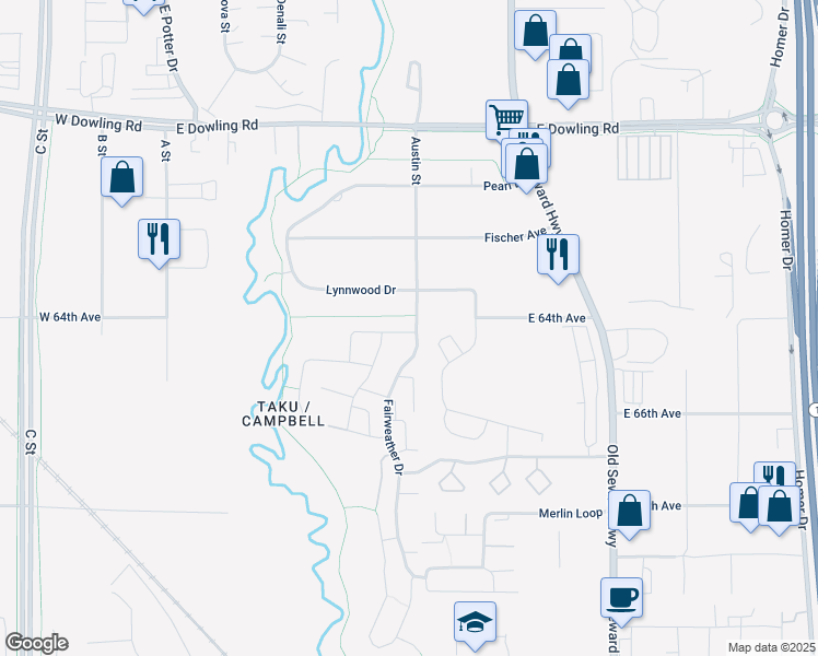 map of restaurants, bars, coffee shops, grocery stores, and more near 6260 Fairweather Place in Anchorage