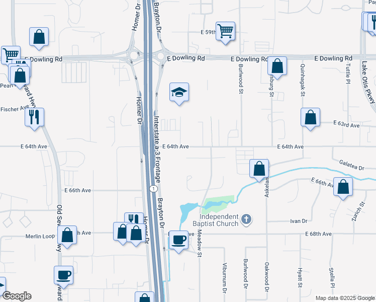 map of restaurants, bars, coffee shops, grocery stores, and more near 1531 Waterwood Circle in Anchorage