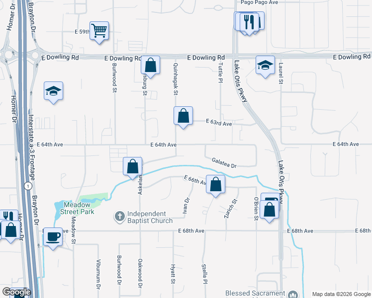 map of restaurants, bars, coffee shops, grocery stores, and more near 6410 Askeland Drive in Anchorage