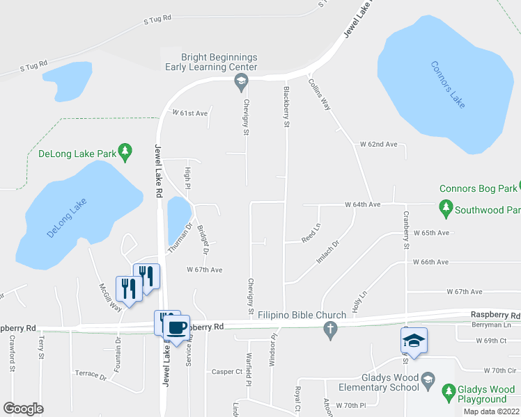 map of restaurants, bars, coffee shops, grocery stores, and more near 6401 Chevigny Street in Anchorage