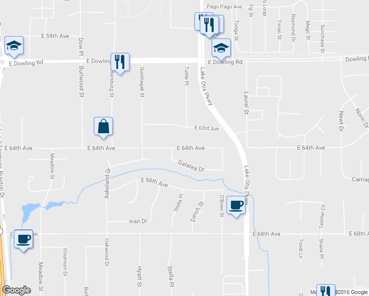 map of restaurants, bars, coffee shops, grocery stores, and more near 2310 East 64th Avenue in Anchorage