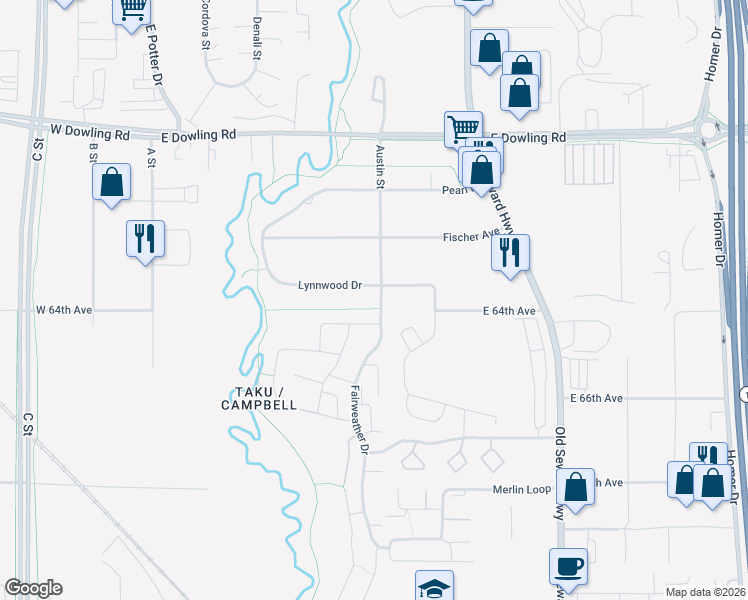 map of restaurants, bars, coffee shops, grocery stores, and more near 6260 Fairweather Place in Anchorage