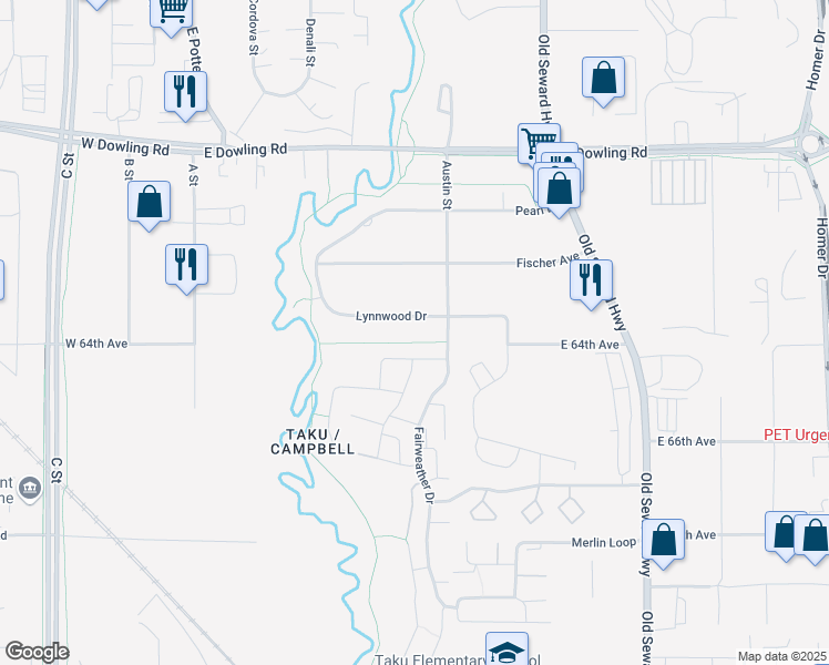 map of restaurants, bars, coffee shops, grocery stores, and more near 6260 Fairweather Place in Anchorage