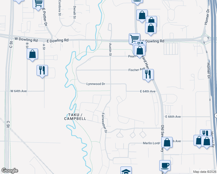map of restaurants, bars, coffee shops, grocery stores, and more near 6260 Fairweather Place in Anchorage